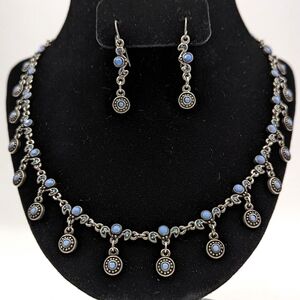 Premier Designs Dangle Necklace and Earrings Set Silvertone Metal Blue Crystals